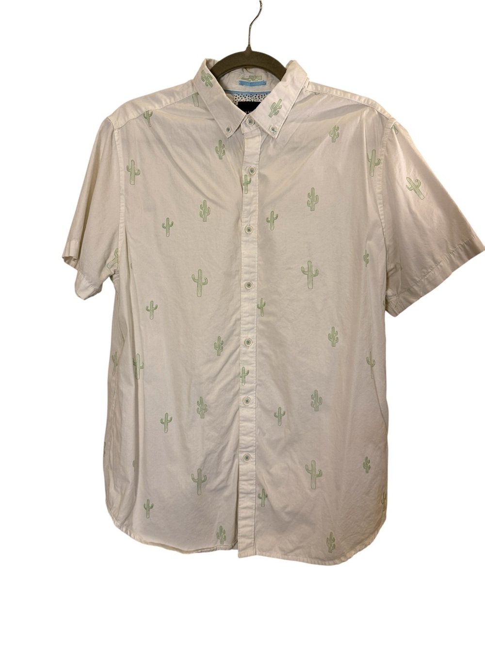 Denim & Flower Mens White Button down Cotton Campy Cactus Print Shirt sz L